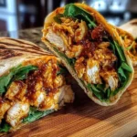 Sweet Chili Chicken Wraps sliced open to show juicy chicken, fresh greens, and sweet-spicy chili sauce inside a toasted tortilla.