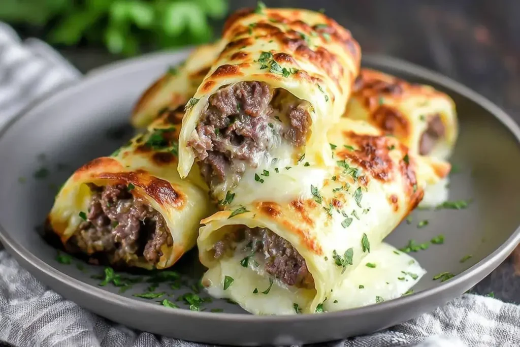 Melted cheese-wrapped Keto Philly Cheesesteak Rolls filled with seasoned ground beef and topped with fresh herbs on a plate.