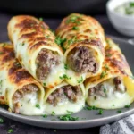 Stacked Keto Philly Cheesesteak Rolls with melted cheese and seasoned beef filling, garnished with parsley on a dark plate.