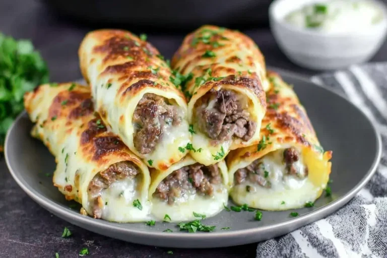 Stacked Keto Philly Cheesesteak Rolls with melted cheese and seasoned beef filling, garnished with parsley on a dark plate.