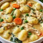 Creamy One Pot Gnocchi Chicken Pot Pie with carrots, peas, and tender shredded chicken in a rich, savory sauce.