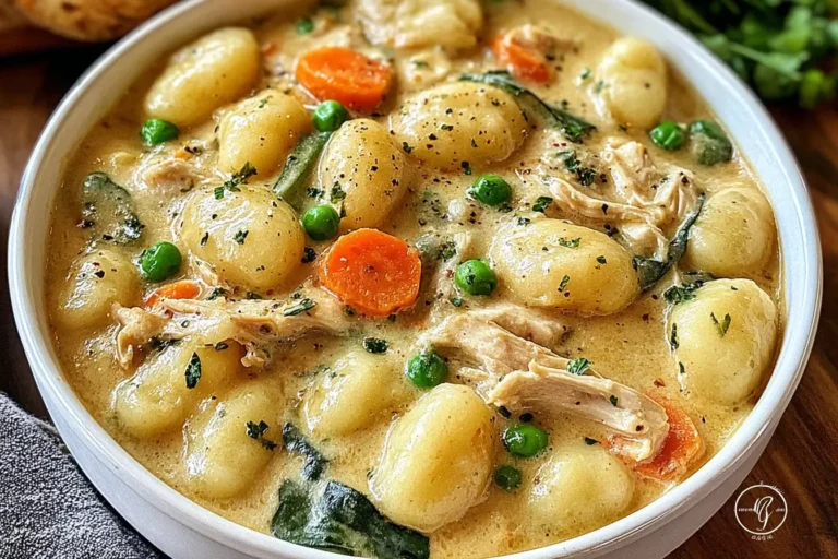 Creamy One Pot Gnocchi Chicken Pot Pie with carrots, peas, and tender shredded chicken in a rich, savory sauce.