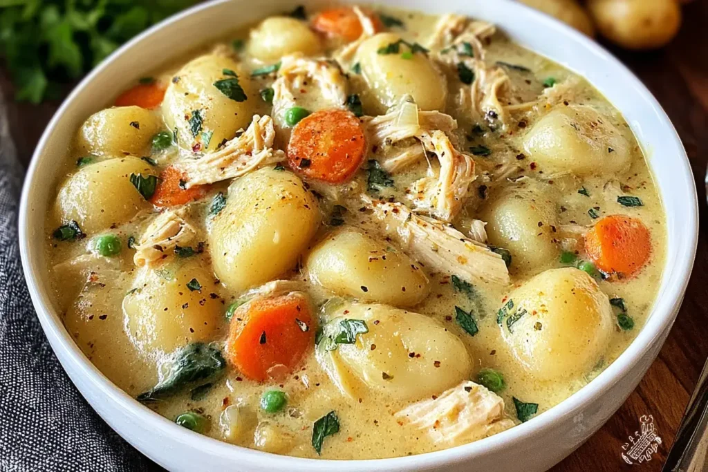 Close-up of creamy One Pot Gnocchi Chicken Pot Pie with shredded chicken, carrots, peas, and tender gnocchi in a rich sauce.