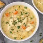 Creamy Chicken Pot Pie Soup with carrots, potatoes, and herbs served in a white bowl