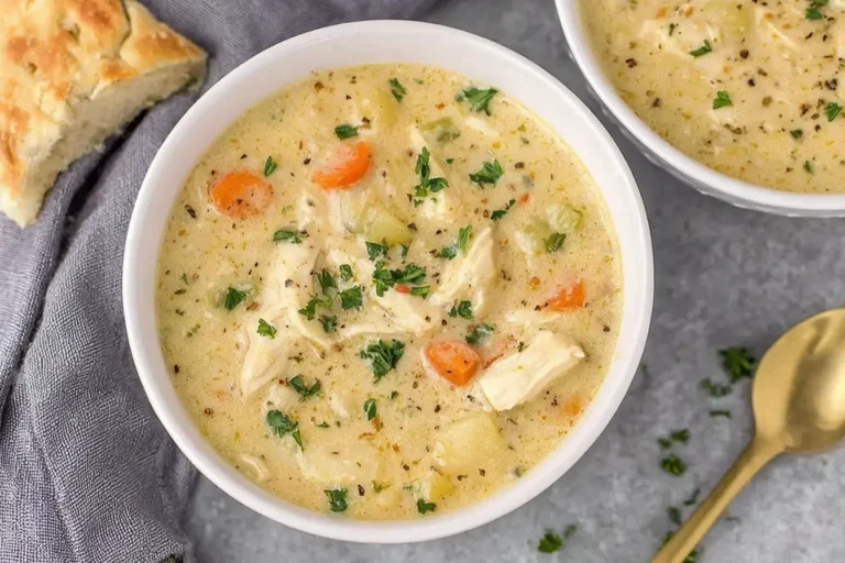 Creamy Chicken Pot Pie Soup with carrots, potatoes, and herbs served in a white bowl