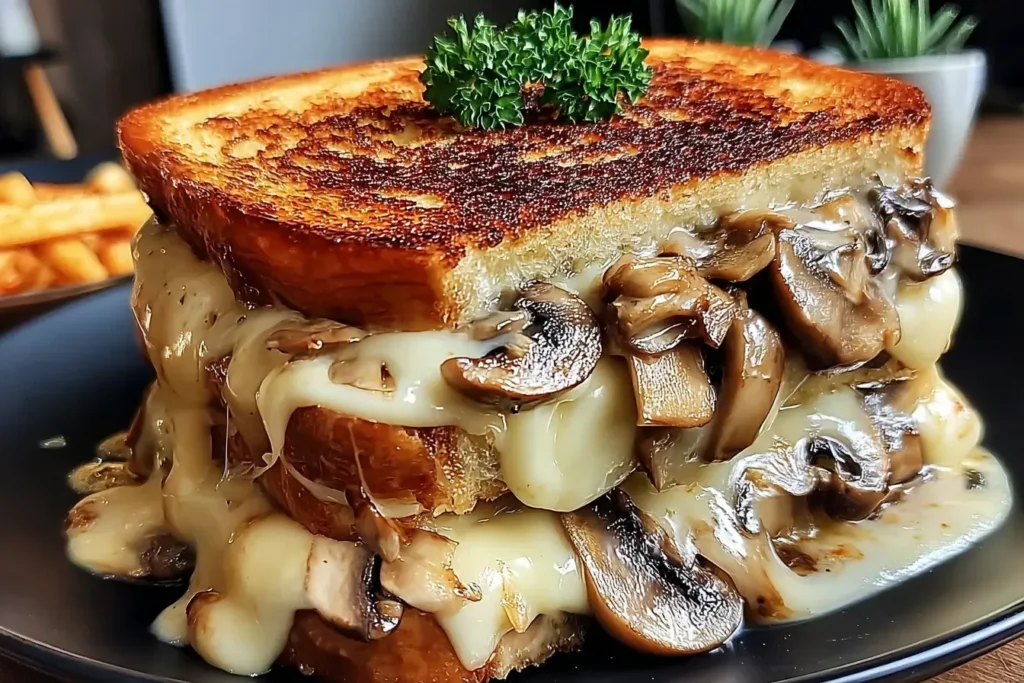 Swiss Mushroom Melt sandwich stacked with gooey melted cheese, golden toasted bread, and savory sautéed mushrooms.
