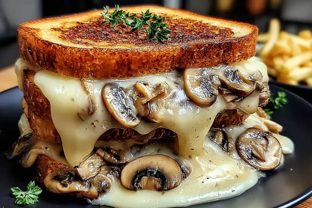 Swiss Mushroom Melt sandwich with golden toasted bread, melted Swiss cheese, and savory sautéed mushrooms dripping down the sides.
