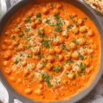 Creamy Indian Butter Chickpeas in a skillet with fresh cilantro and naan on the side