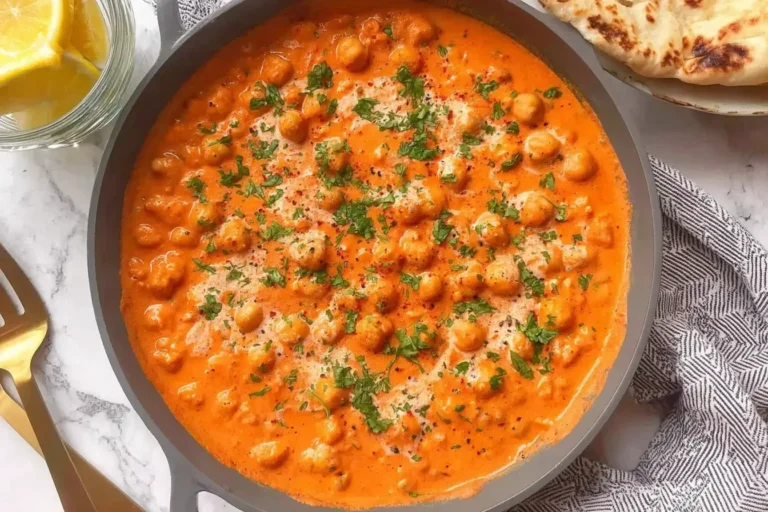Creamy Indian Butter Chickpeas in a skillet with fresh cilantro and naan on the side