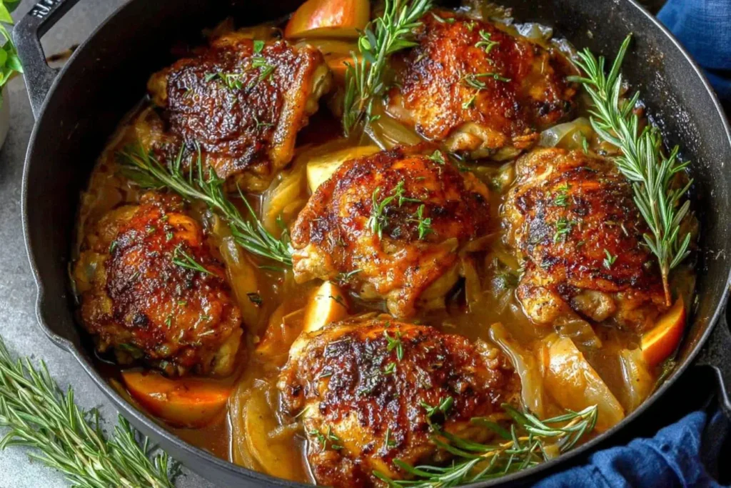 Rosemary Apple Cider Chicken in a skillet with fresh rosemary, apples, and caramelized onions.