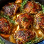 Rosemary Apple Cider Chicken in a skillet with fresh rosemary, apples, and caramelized onions.