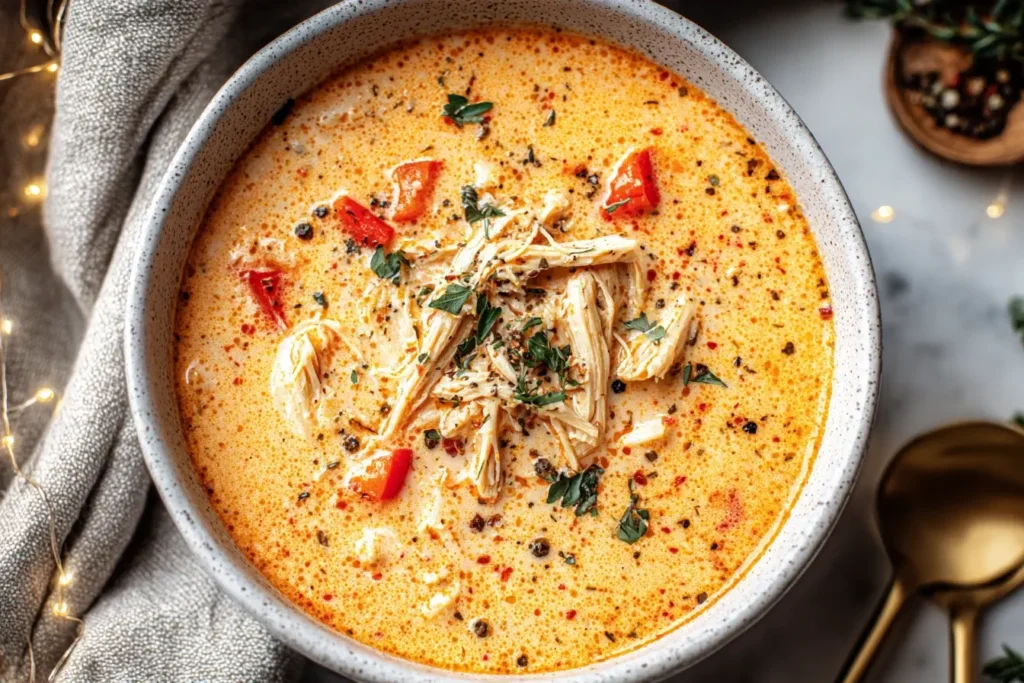 Bowl of Creamy Cajun Chicken Soup topped with shredded chicken, red peppers, and herbs.