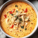 Bowl of Creamy Cajun Chicken Soup topped with shredded chicken, red peppers, and herbs.