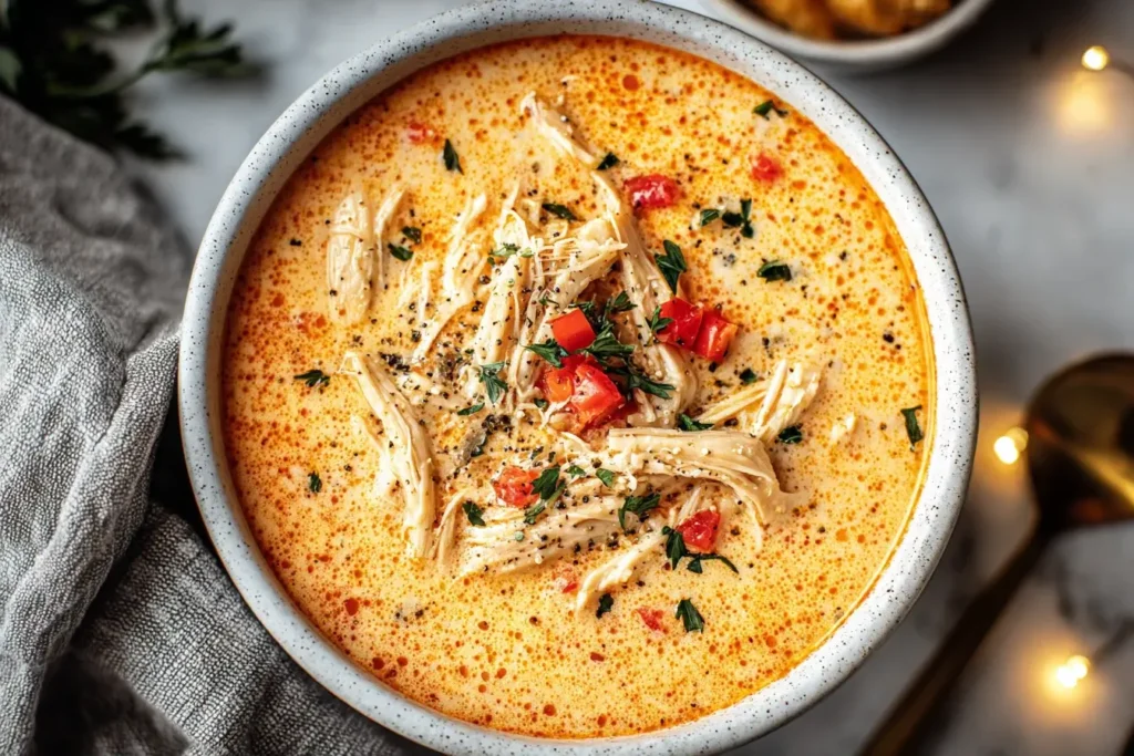 Close-up of Creamy Cajun Chicken Soup topped with shredded chicken, diced red peppers, and fresh herbs.