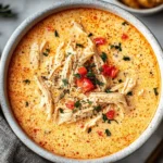 Close-up of Creamy Cajun Chicken Soup topped with shredded chicken, diced red peppers, and fresh herbs.