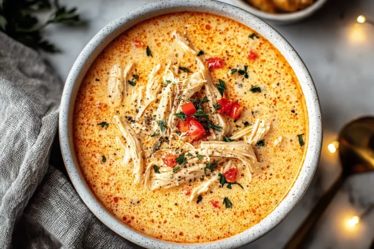 Close-up of Creamy Cajun Chicken Soup topped with shredded chicken, diced red peppers, and fresh herbs.