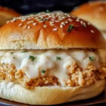 Close-up of creamy Chicken Alfredo Sloppy Joes on a sesame bun, topped with melted cheese and parsley.