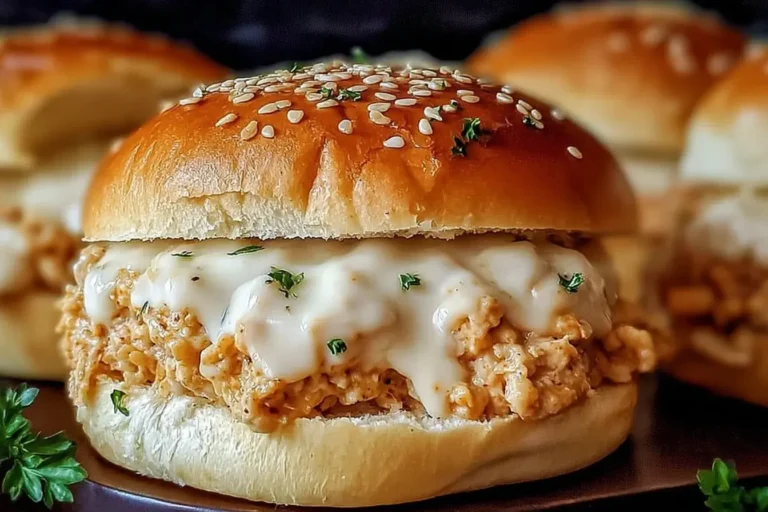 Close-up of creamy Chicken Alfredo Sloppy Joes on a sesame bun, topped with melted cheese and parsley.