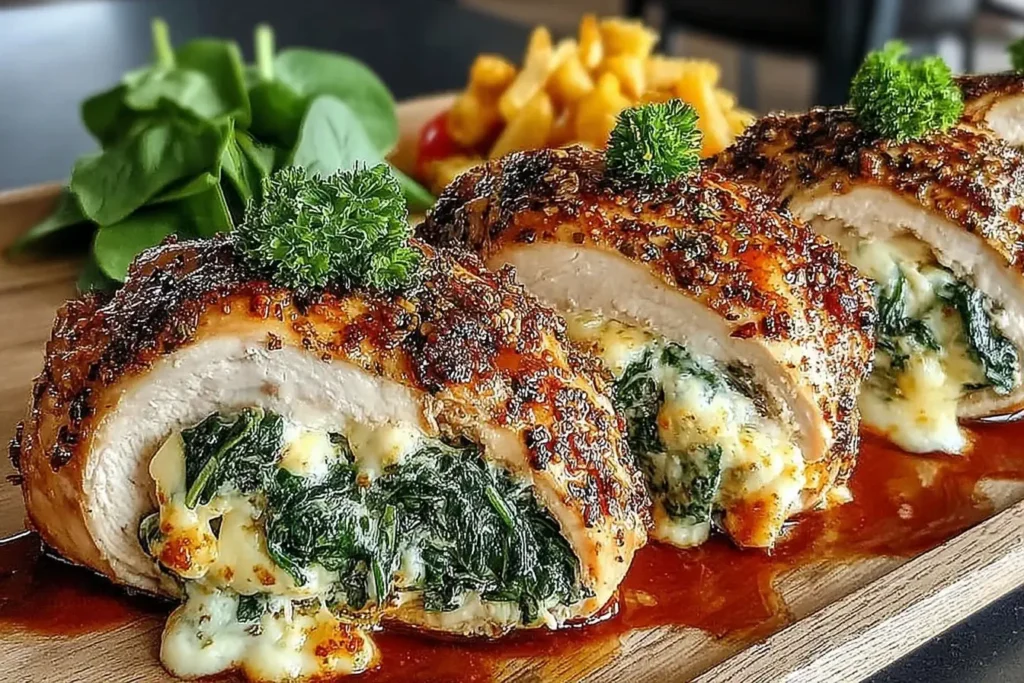 Herbed Ricotta Stuffed Chicken Rolls sliced to reveal creamy spinach and cheese filling, topped with herbs and served with a savory glaze.