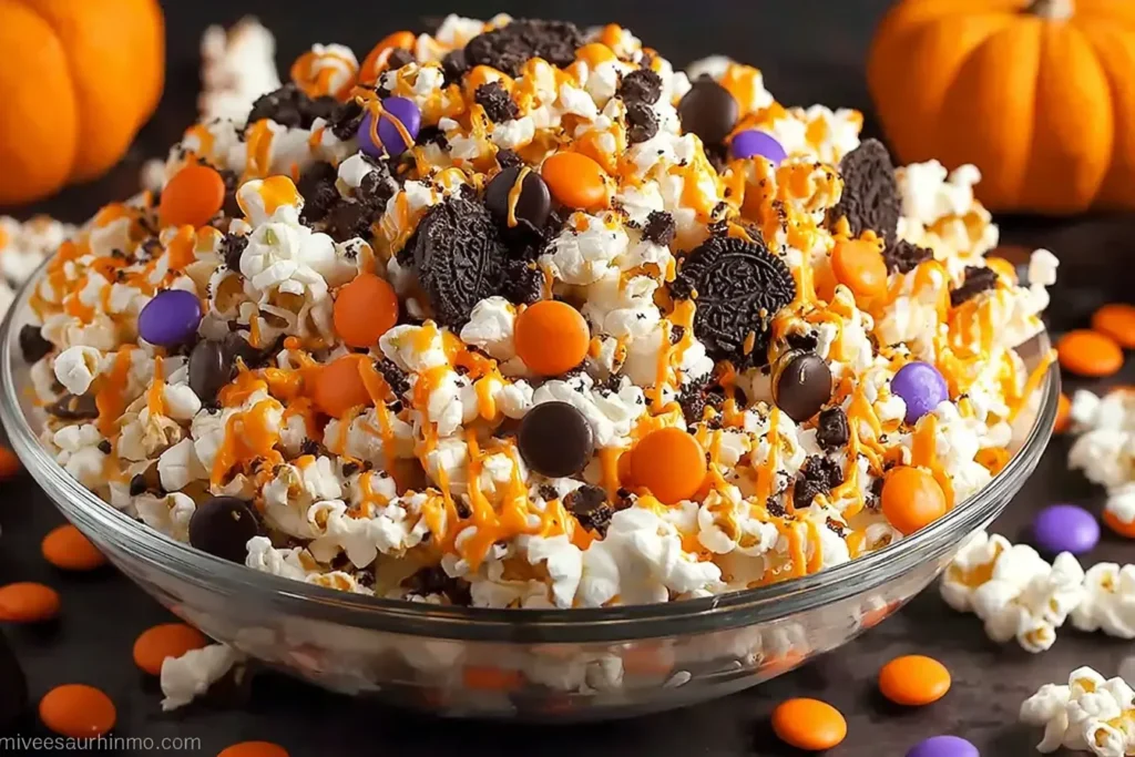 Halloween Popcorn in a glass bowl topped with orange candy melts, Oreos, M&Ms, and festive sprinkles for a spooky holiday snack.