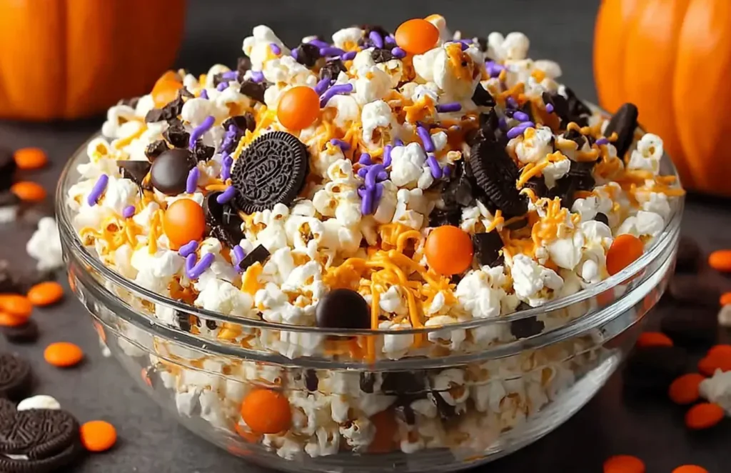 Bowl of festive Halloween Popcorn with Oreos, M&Ms, sprinkles, and candy melts in spooky orange, black, and purple colors.