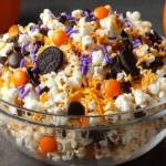 Bowl of festive Halloween Popcorn with Oreos, M&Ms, sprinkles, and candy melts in spooky orange, black, and purple colors.