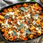 Creamy pasta bake with pumpkin tomato sauce topped with sage, cheese, and walnuts in a black baking dish.