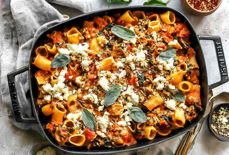 Creamy pasta bake with pumpkin tomato sauce topped with sage, cheese, and walnuts in a black baking dish.