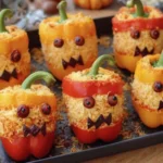 Spooky phantom peppers stuffed with rice and cheese, decorated with olive eyes and scary mouths for a fun Halloween recipe.