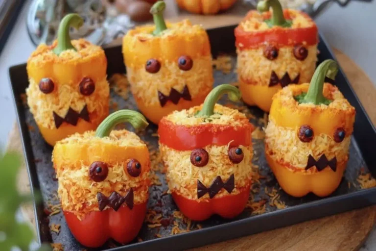 Spooky phantom peppers stuffed with rice and cheese, decorated with olive eyes and scary mouths for a fun Halloween recipe.