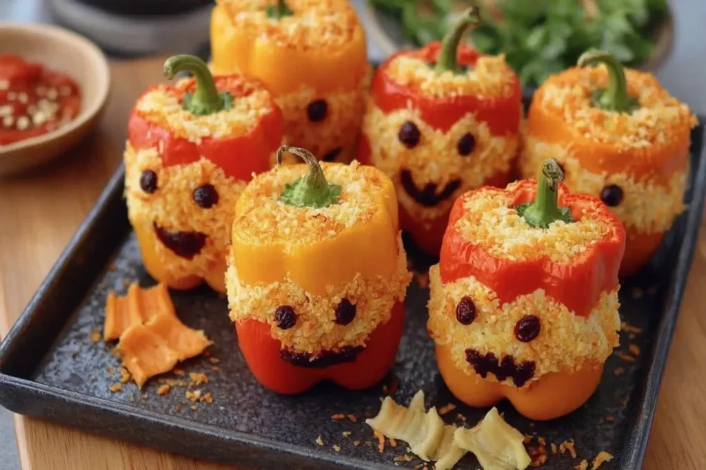 Spooky phantom peppers decorated with smiling faces, stuffed with rice and cheese for a fun Halloween party recipe.