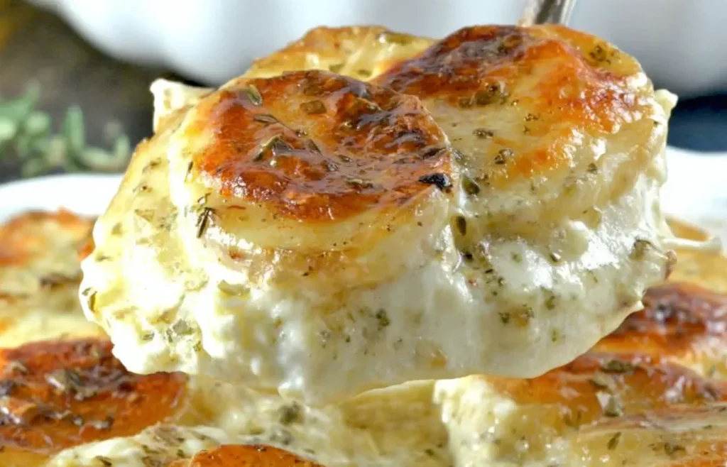 Boursin Cheese Scalloped Potatoes baked with golden brown tops and creamy garlic herb sauce.