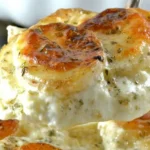 Boursin Cheese Scalloped Potatoes baked with golden brown tops and creamy garlic herb sauce.