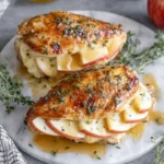 Apple and Brie Stuffed Chicken with maple dijon glaze and fresh thyme on a marble plate.