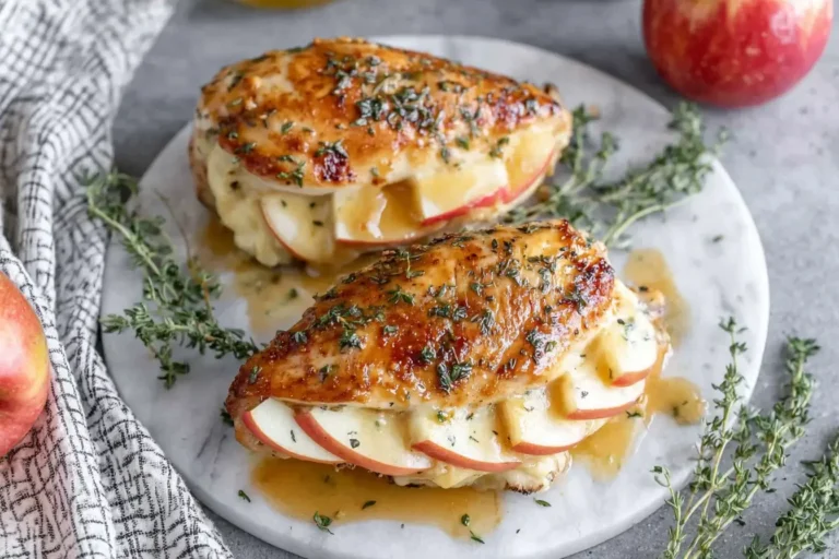Apple and Brie Stuffed Chicken with maple dijon glaze and fresh thyme on a marble plate.