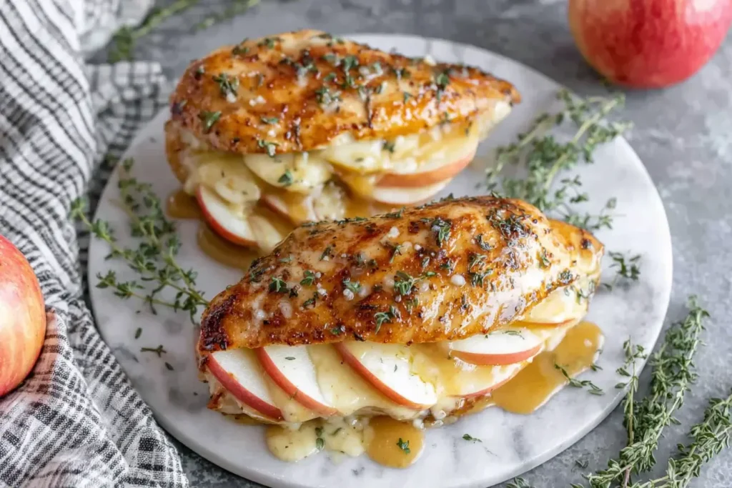 Apple and Brie Stuffed Chicken with melted brie, apple slices, and maple dijon glaze garnished with thyme.