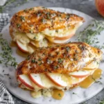 Apple and Brie Stuffed Chicken with melted brie, apple slices, and maple dijon glaze garnished with thyme.