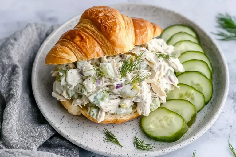 Savory Dill Pickle Chicken Salad served in a croissant with cucumber slices.