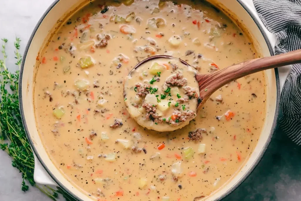 Creamy sausage potato soup in a pot with sausage, potatoes, carrots, and herbs