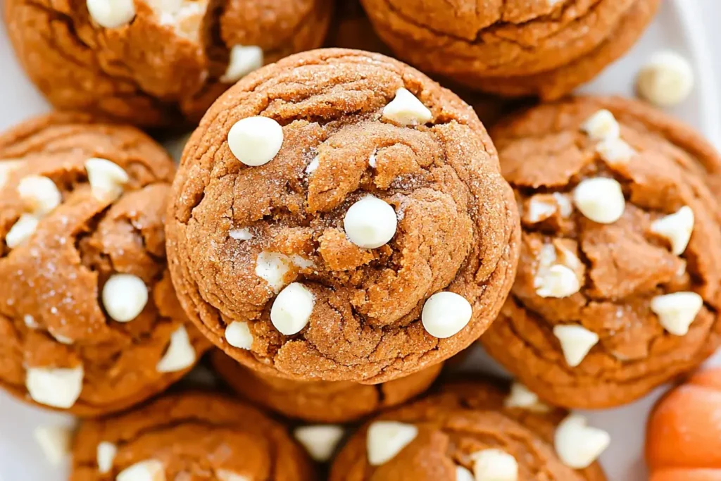 Freshly baked White Chocolate Pumpkin Snickerdoodles topped with white chocolate chips.