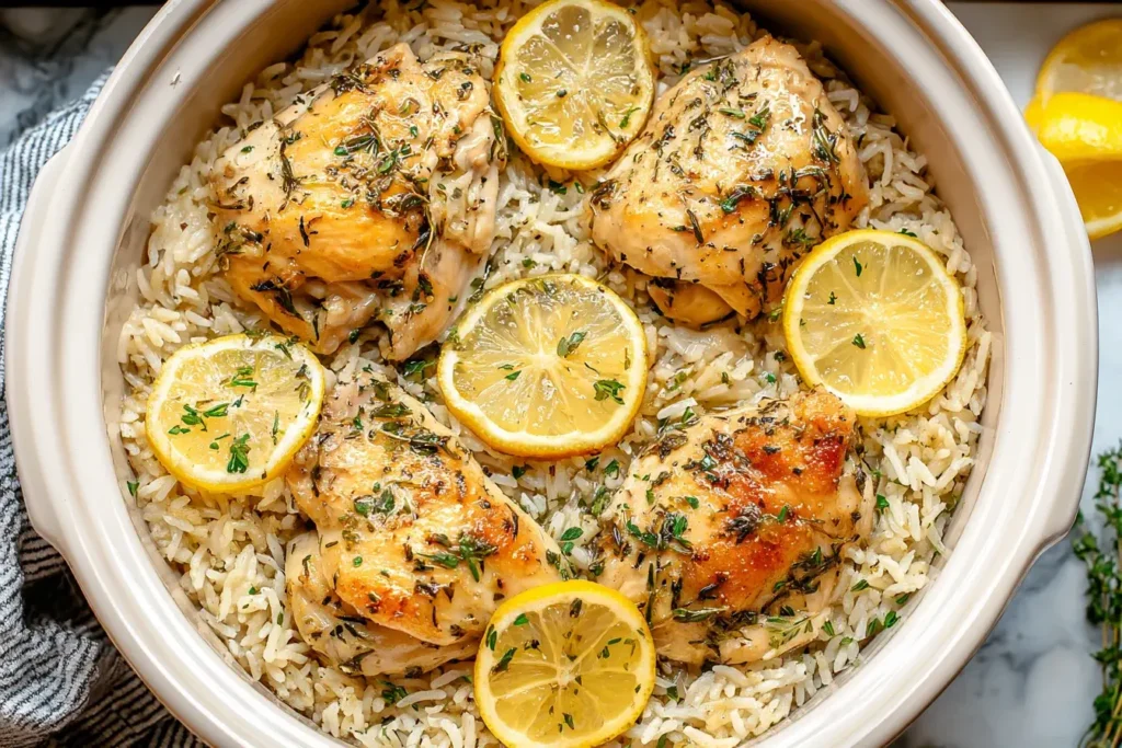 Slow Cooker Lemon Herb Chicken and Rice with golden chicken thighs, fresh lemon slices, and herbs served over fluffy rice in a white dish.