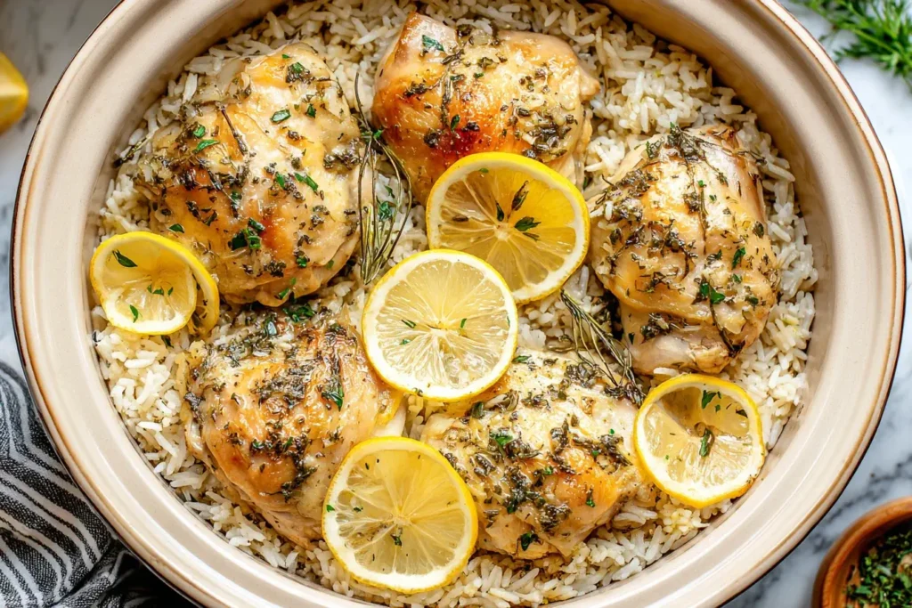Slow Cooker Lemon Herb Chicken and Rice with juicy chicken thighs, fresh lemon slices, and herbs served over fluffy rice in a ceramic dish.