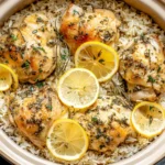 Slow Cooker Lemon Herb Chicken and Rice with juicy chicken thighs, fresh lemon slices, and herbs served over fluffy rice in a ceramic dish.
