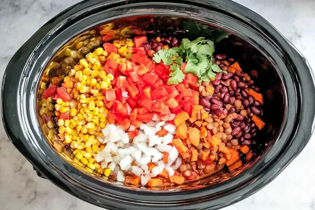 Crockpot Vegetarian Tortilla Soup ingredients with corn, beans, lentils, onion, bell pepper, and cilantro ready to cook in a slow cooker.