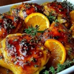Sweet and Savory Roasted Orange Chicken with golden caramelized skin, orange slices, and fresh thyme in a white baking dish.