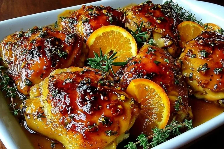 Sweet and Savory Roasted Orange Chicken with golden caramelized skin, orange slices, and fresh thyme in a white baking dish.