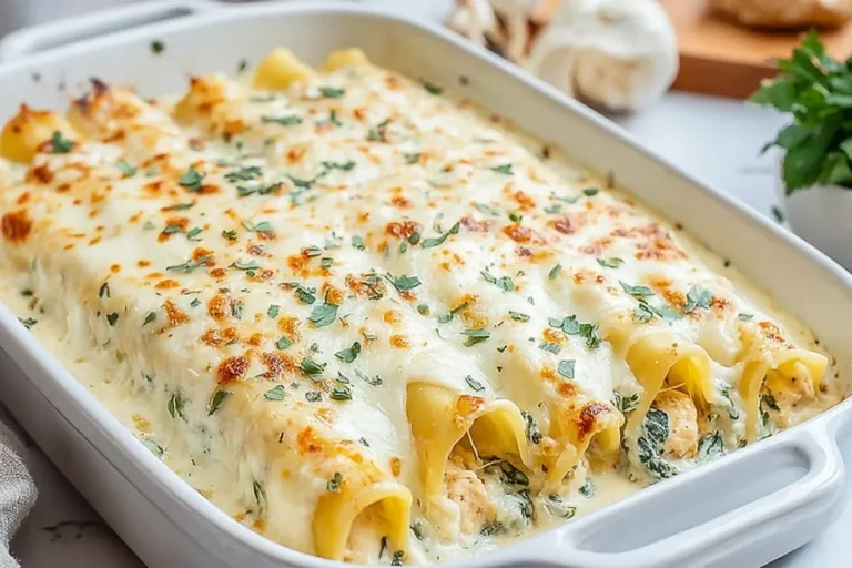 Cheesy baked Chicken Manicotti Alfredo in a white casserole dish, topped with golden bubbly cheese and fresh parsley.
