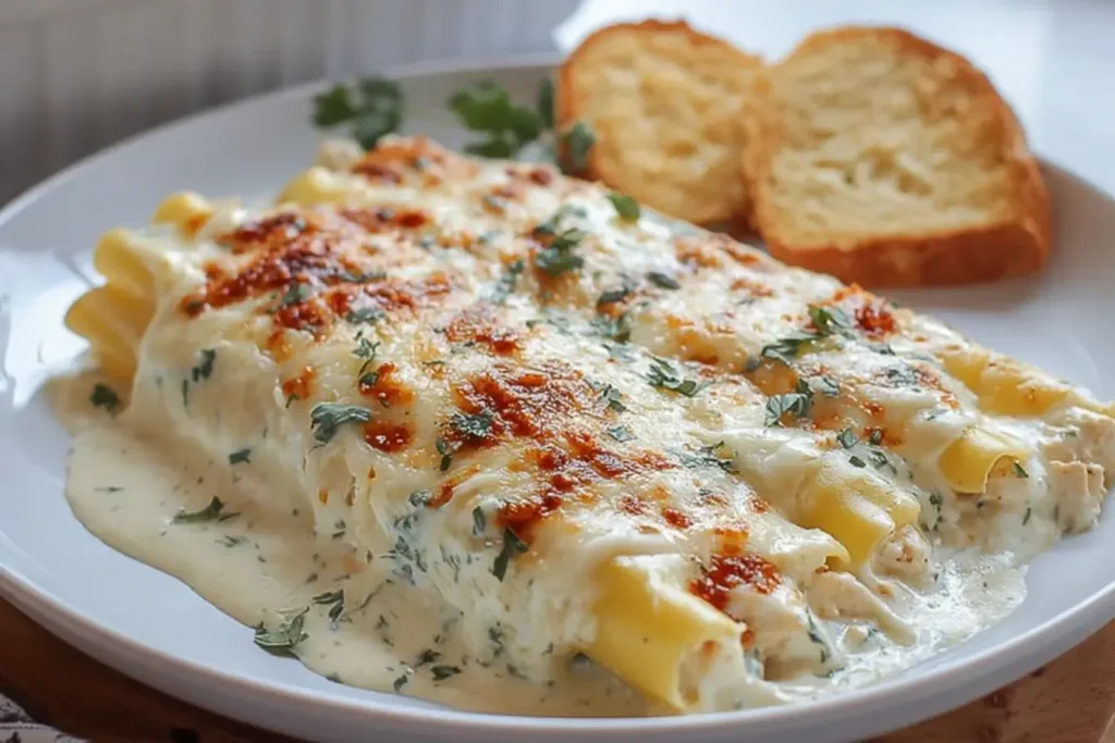 Plated Chicken Manicotti Alfredo topped with golden cheese and parsley, served with garlic bread on a white dish.