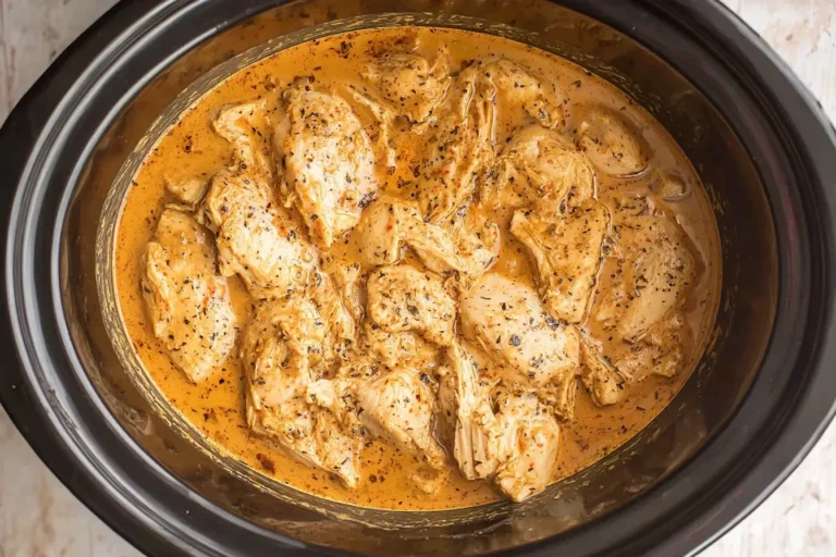 Slow Cooker Honey Mustard Chicken cooked in creamy sauce inside a crockpot