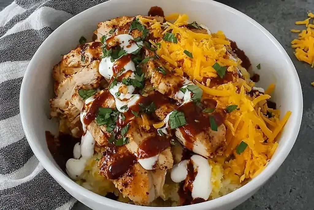 Macro Friendly BBQ Ranch Chicken Bowl topped with cheddar, BBQ sauce, and ranch drizzle in a white bowl.